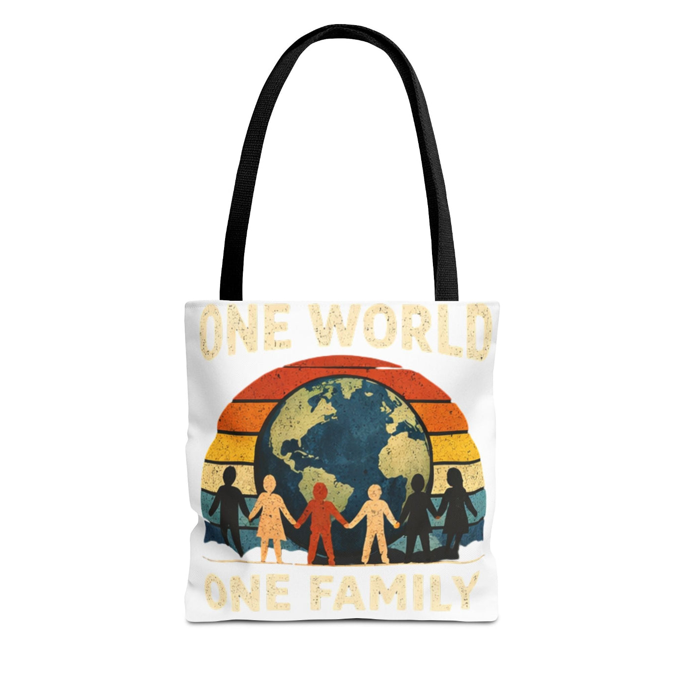 Tote bag with 'One World, One Family' design featuring a globe and people holding hands on a white background.