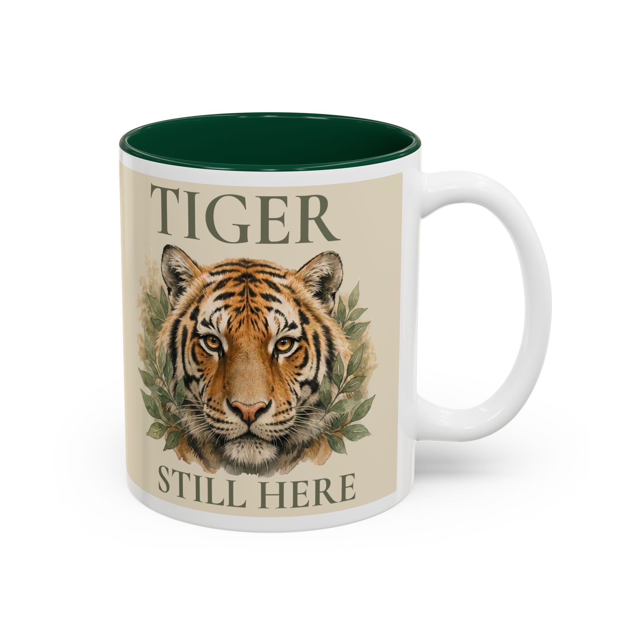 Tiger Portrait Two-Tone Accent Mug — "Tigers Still Exist" Conservation Coffee Cup