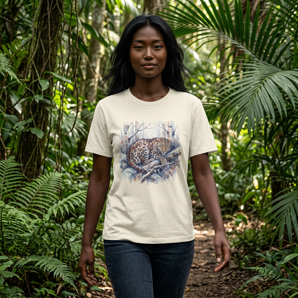 Leopard in Winter Forest T-Shirt — Watercolor Snow Leopard Graphic Tee