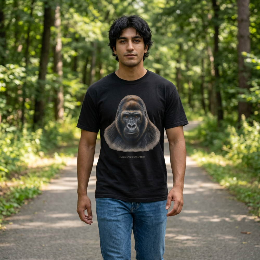 A man standing on a forest path wearing a black t-shirt with a large gorilla graphic on the front and blue jeans.