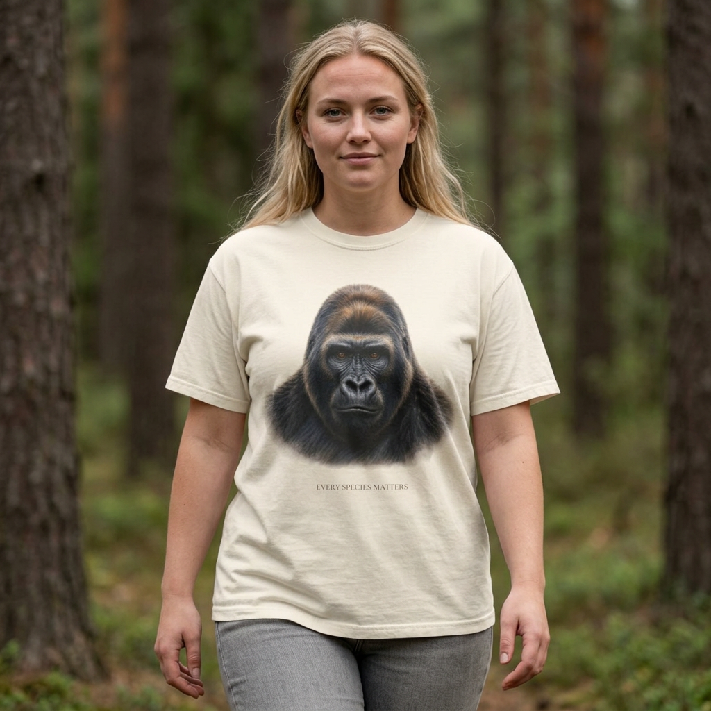 A woman standing in a forest wearing a cream-colored t-shirt with a realistic gorilla graphic on the front and gray jeans.
