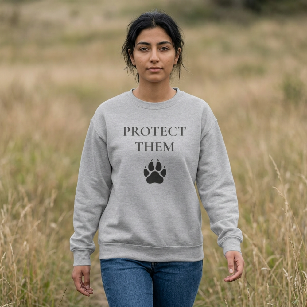 A woman standing in a grassy field wearing a light gray crewneck sweatshirt with the text 'PROTECT THEM' and a black paw print graphic on the front, paired with blue jeans.