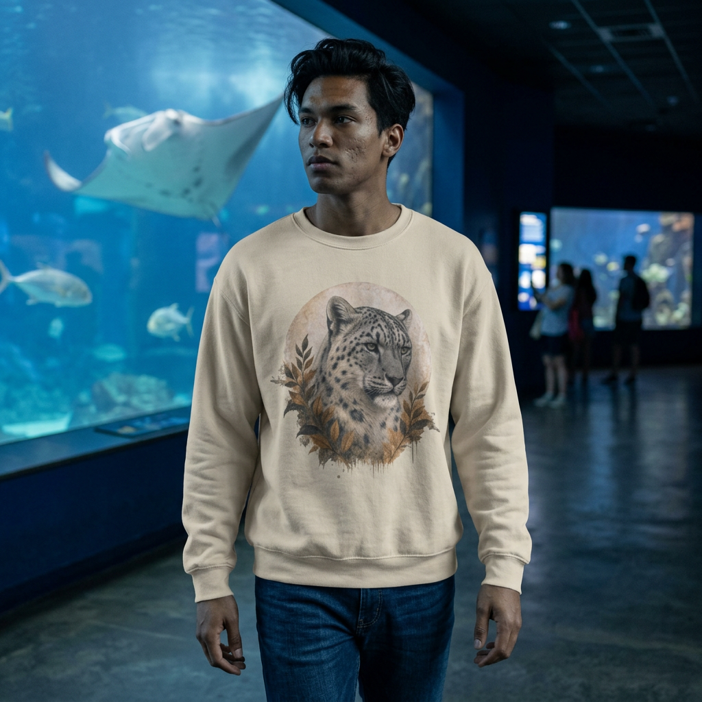 Snow Leopard Big Cats Crewneck Sweatshirt — Wildlife Graphic in Sand