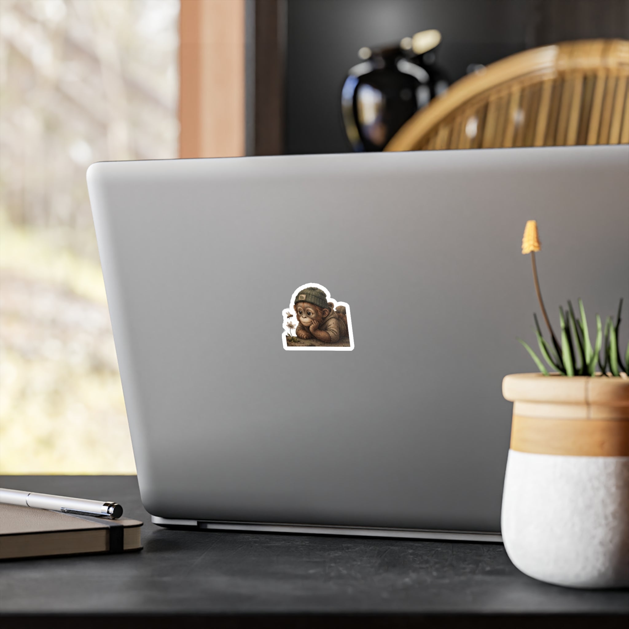 Cute Chimp in Beanie Vinyl Sticker — Kiss-Cut Laptop Decal