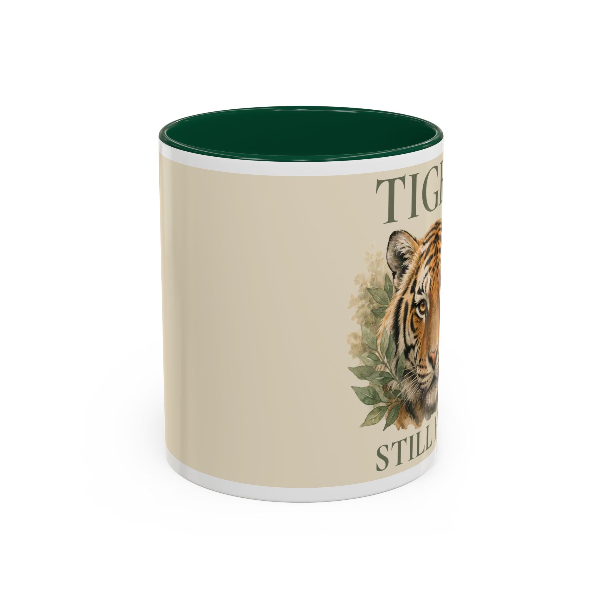 Tiger Portrait Two-Tone Accent Mug — "Tigers Still Exist" Conservation Coffee Cup