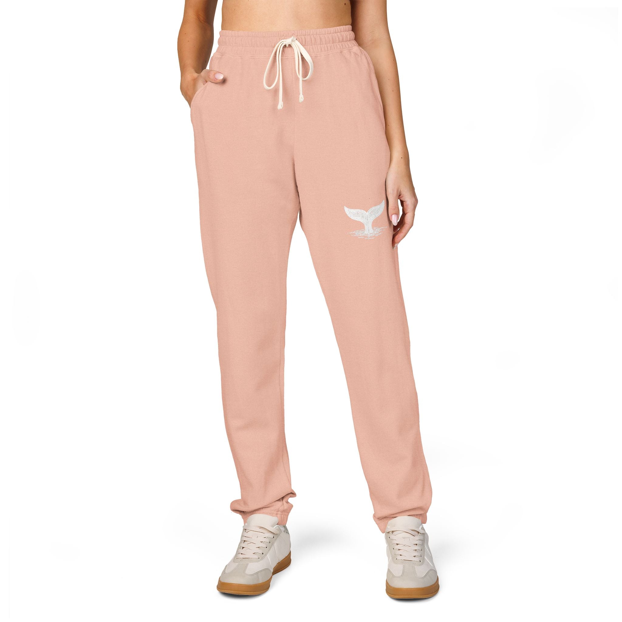 Rose Pink Fleece Sweatpants with Whale Tail Logo — Cozy Casual Lounge Joggers