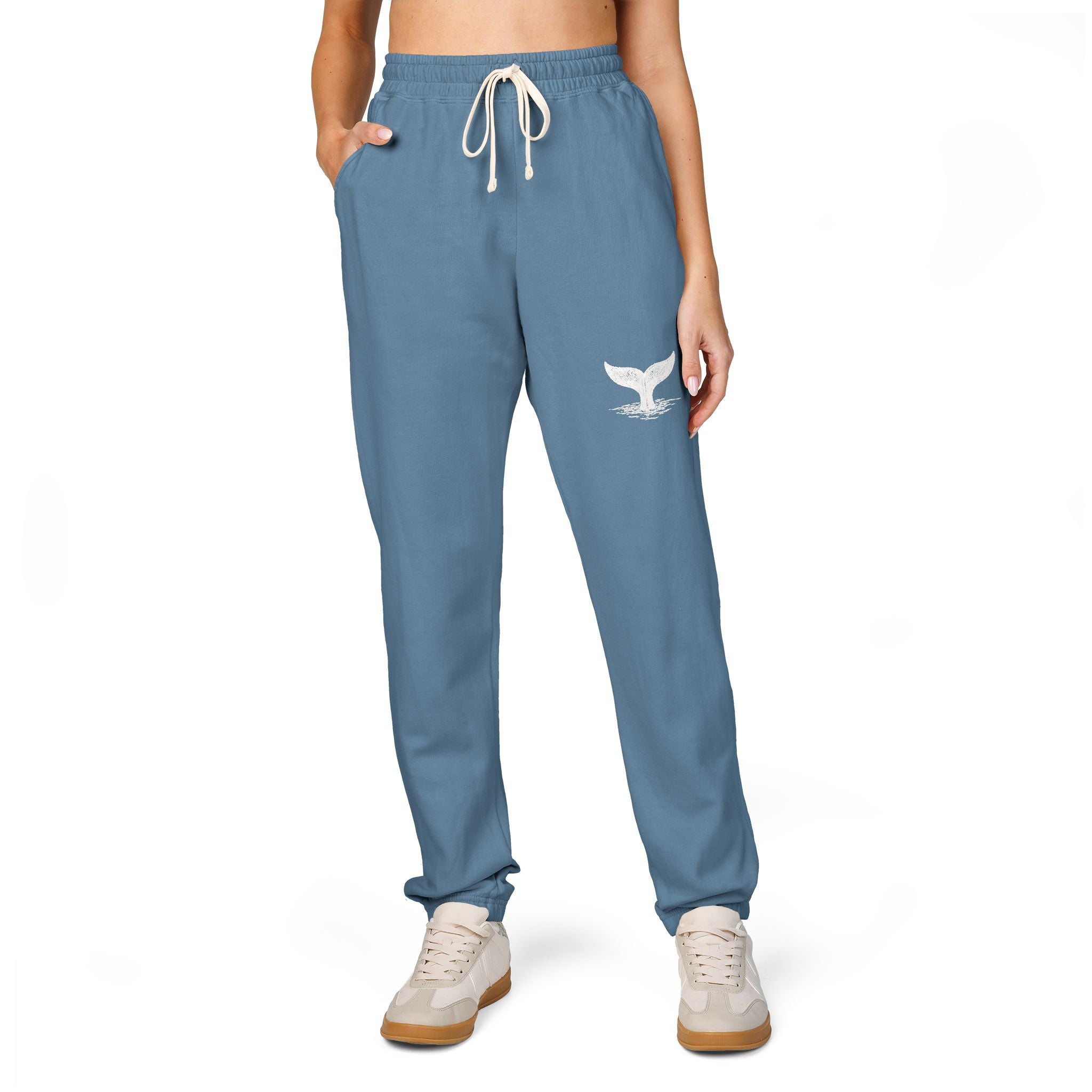 Fleece Sweatpants with Whale Tail Pocket Print — Cozy Garment-Dyed Joggers