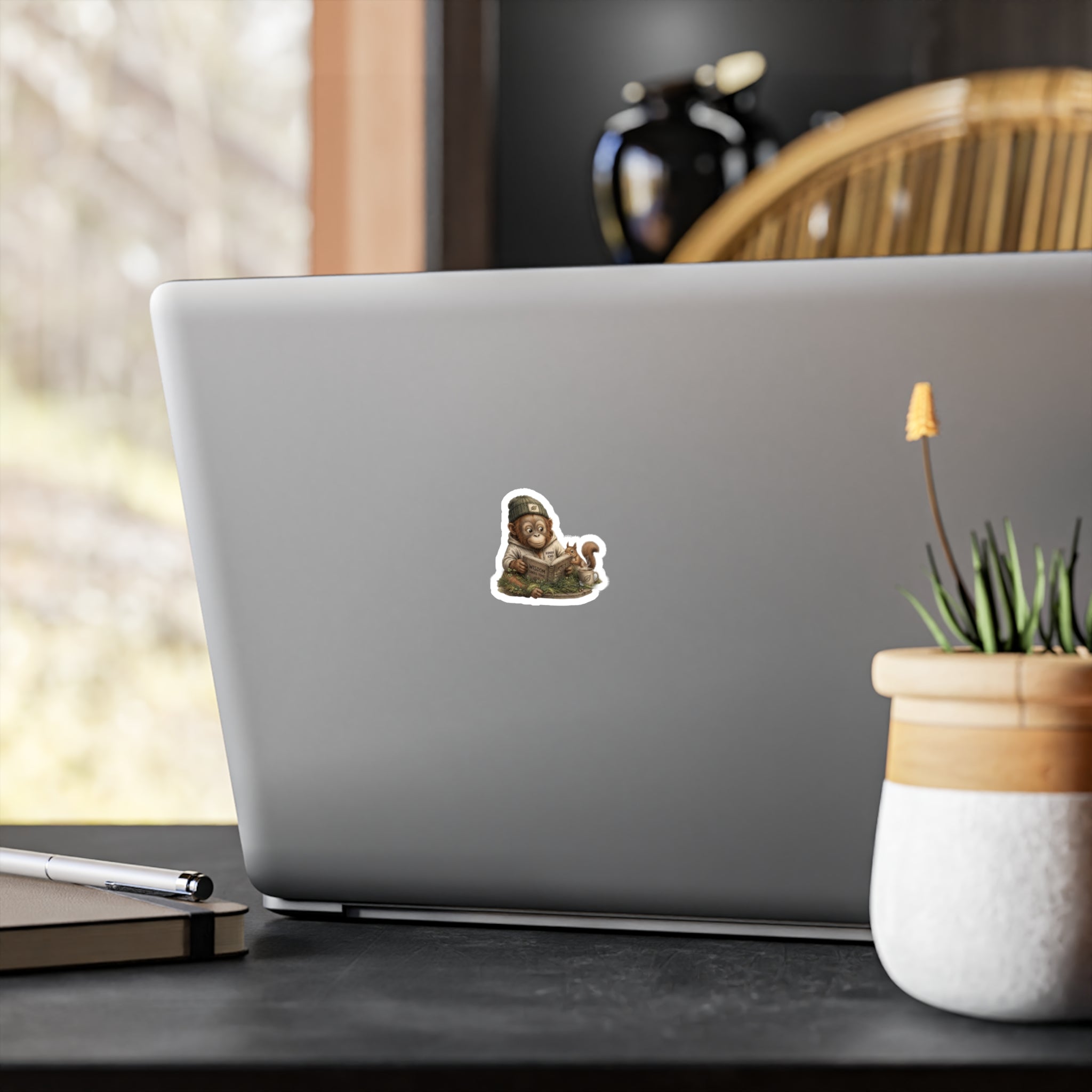 Sticker — Reading Baby Orangutan with Squirrel Vinyl Kiss-Cut Sticker