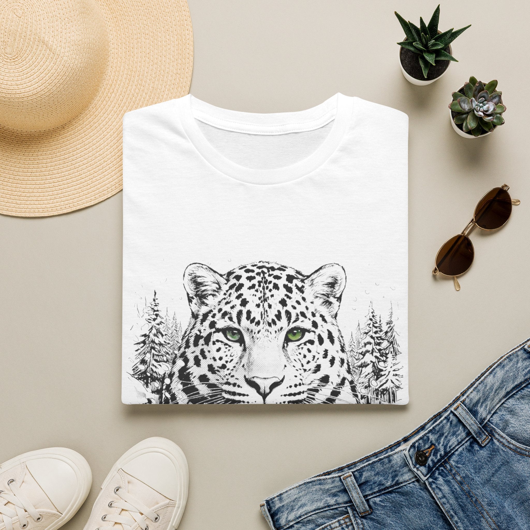 Leopard Portrait T-Shirt — Striking Green-Eyed Big Cat Graphic Tee