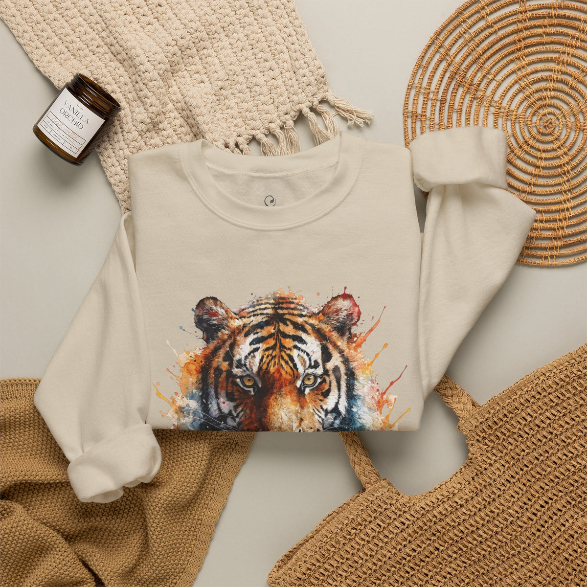 Tiger Watercolor Sweatshirt — Artistic Big Cat Crewneck in Sand