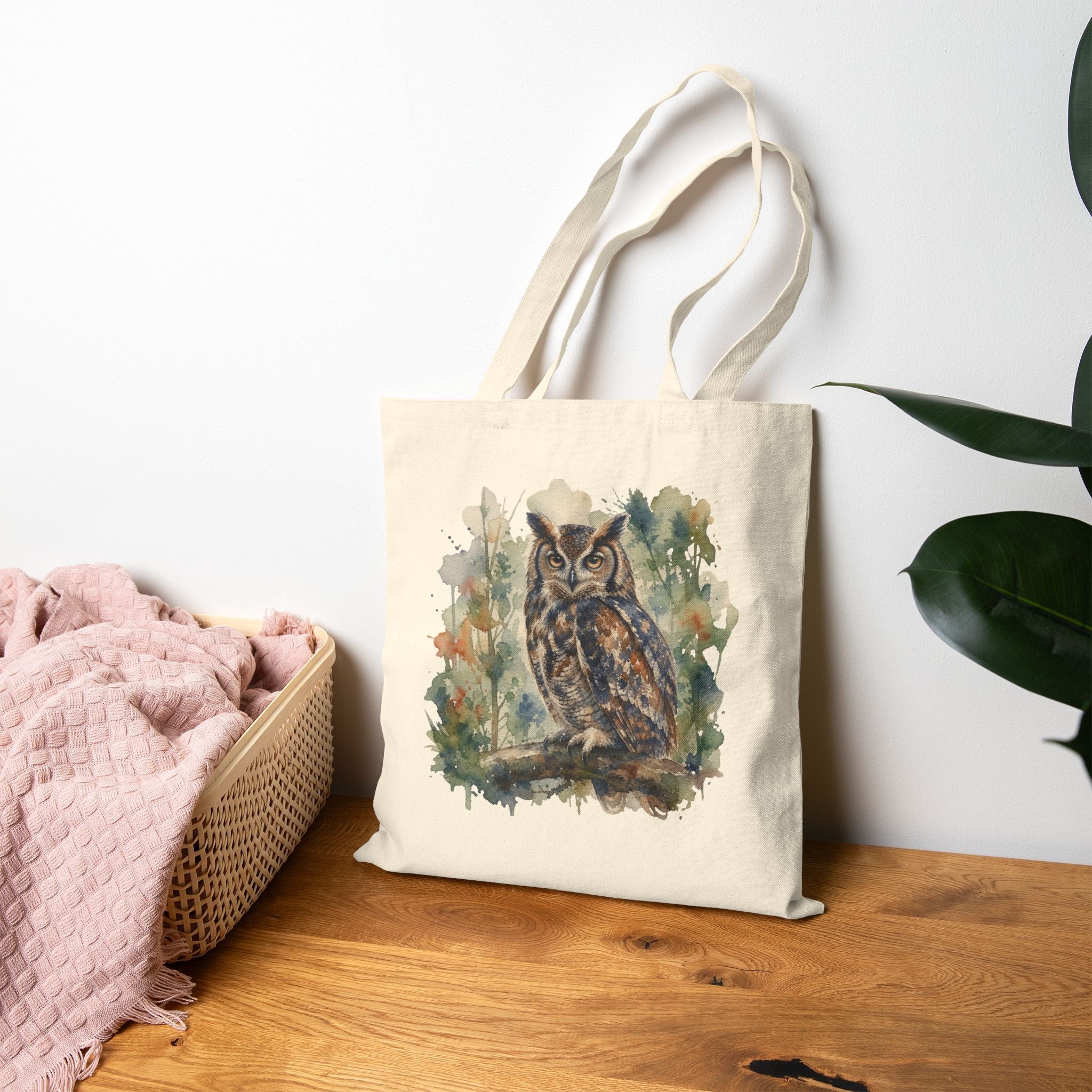 Canvas Tote Bag — Watercolor Owl Forest Illustration