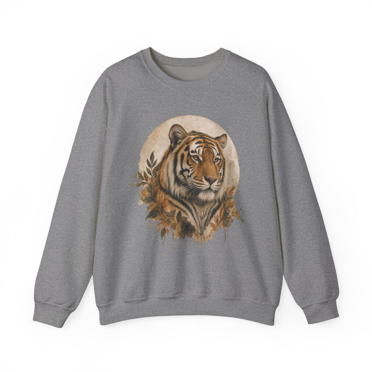 Tiger Big Cats Crewneck Sweatshirt — Vintage Wildlife Graphic in Heather Gray