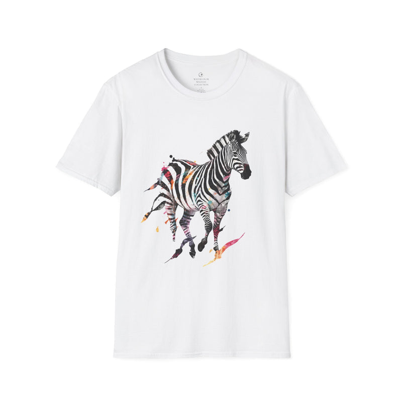 Zebra Watercolor T‑Shirt — Color Splash Running Zebra Graphic Tee in White