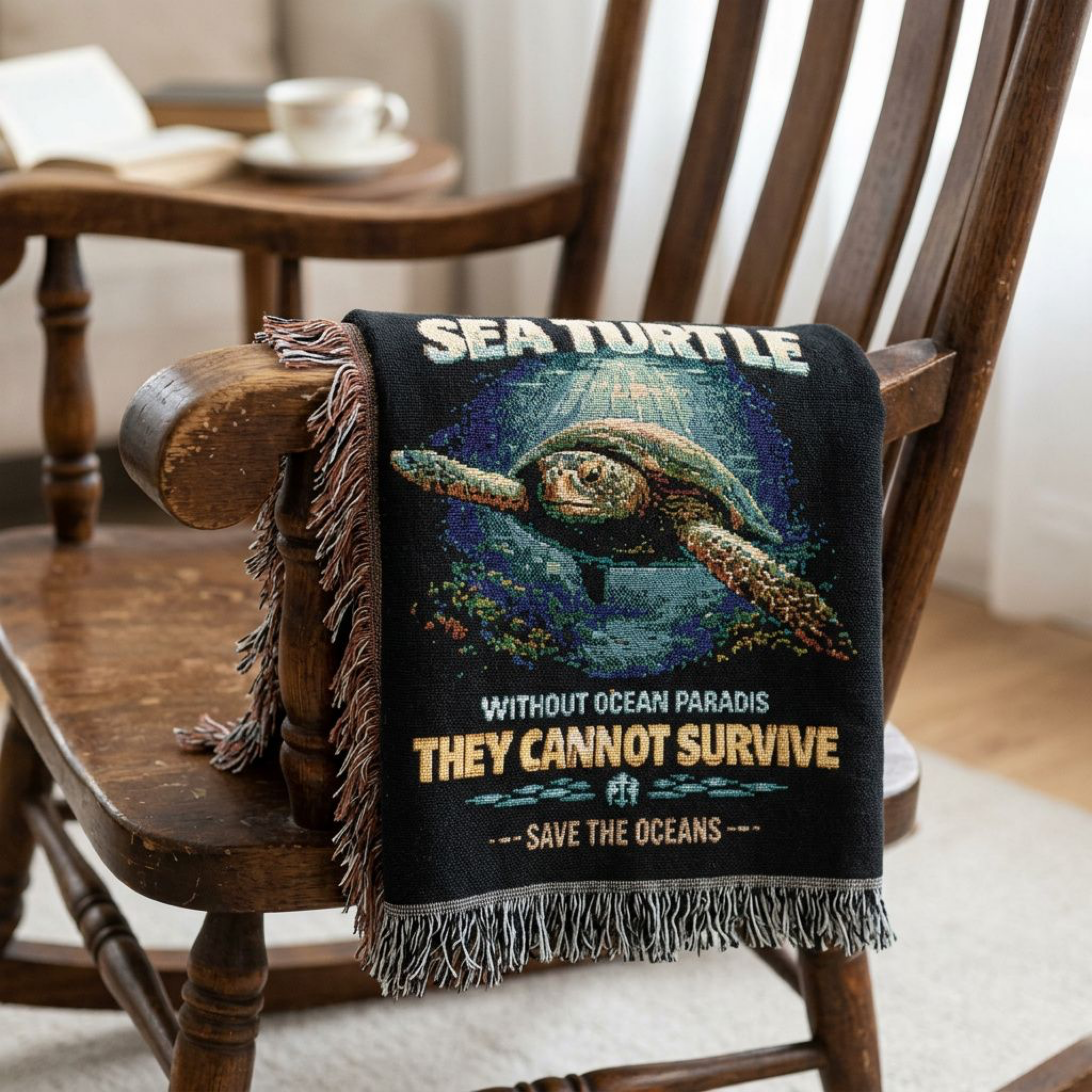 Sea Turtle Woven Throw Blanket – 'They Cannot Survive' Conservation Design