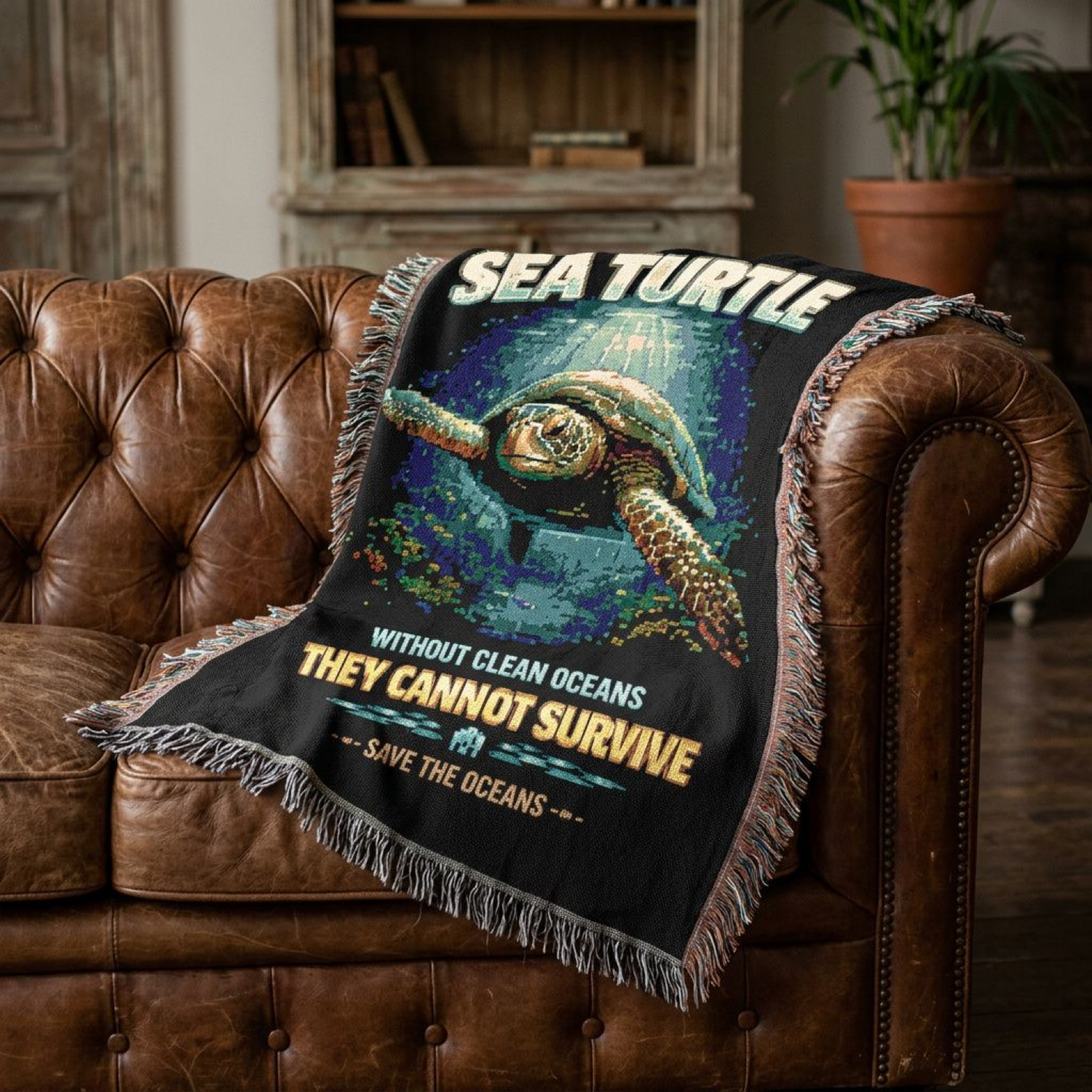 Blanket with sea turtle design and environmental message on a brown leather couch.