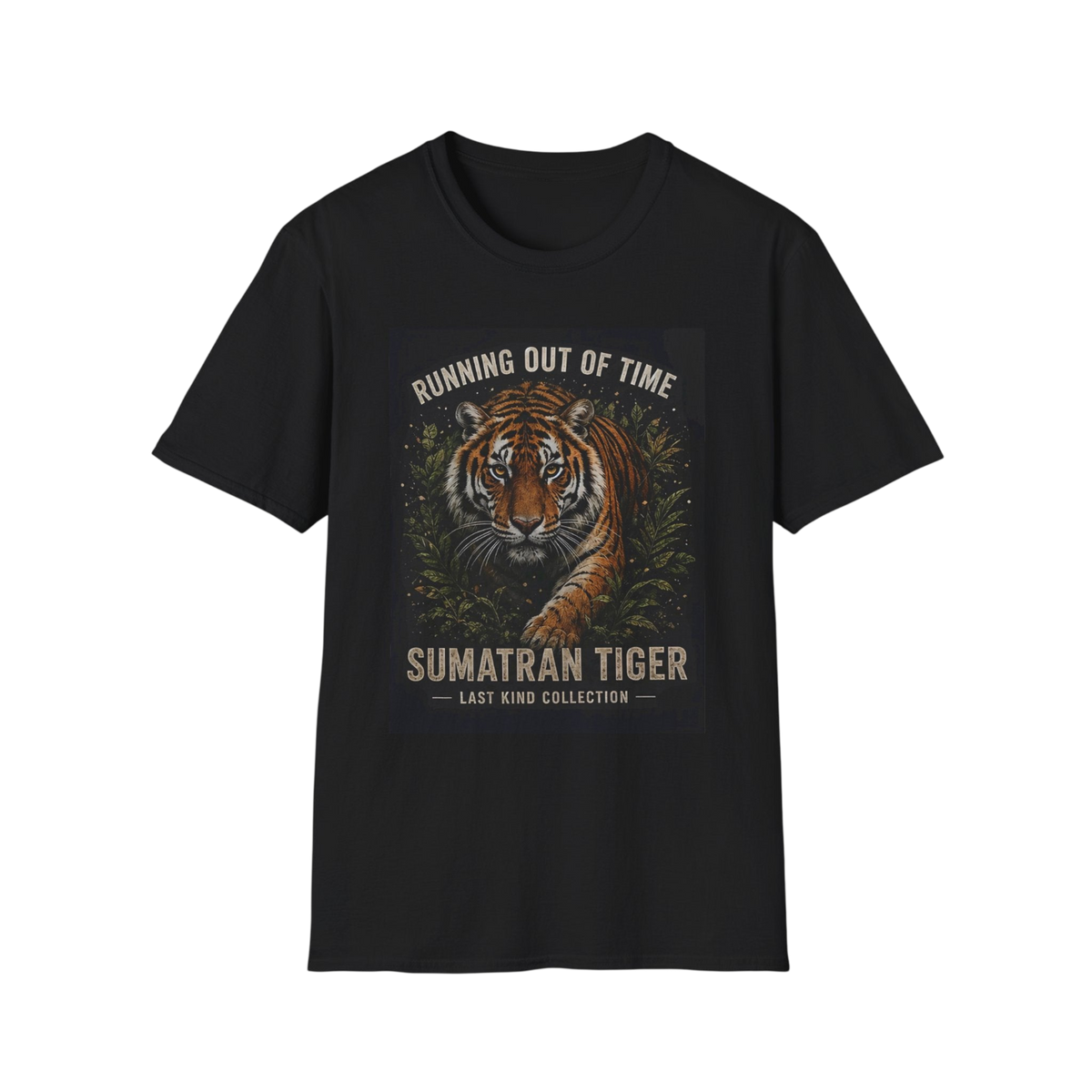 A black short-sleeve crewneck t-shirt featuring a large graphic print of a Sumatran tiger with the text 'RUNNING OUT OF TIME' and 'SUMATRAN TIGER' on a plain white background.