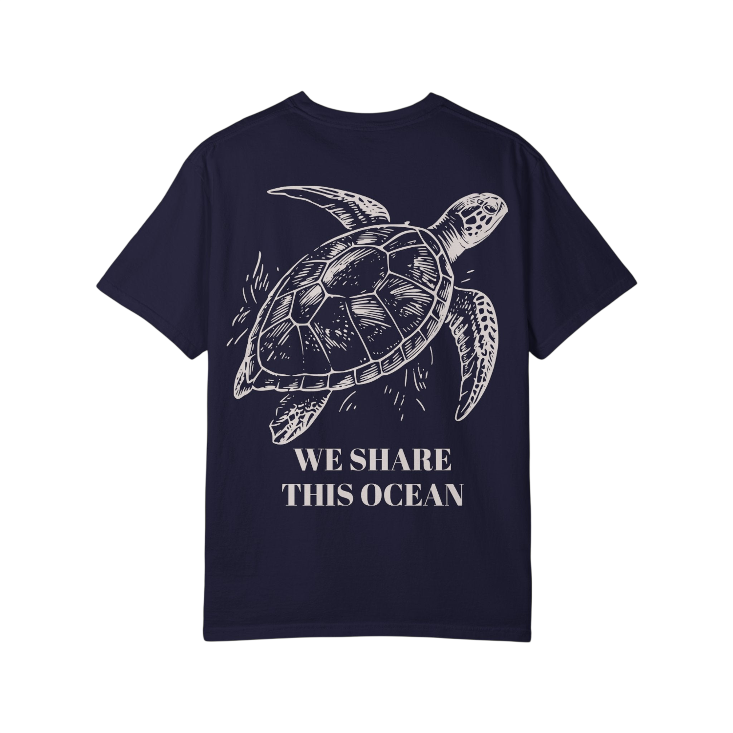 A navy blue short-sleeve t-shirt with a white graphic of a sea turtle and the text 'WE SHARE THIS OCEAN' printed on the front, displayed against a solid white background.