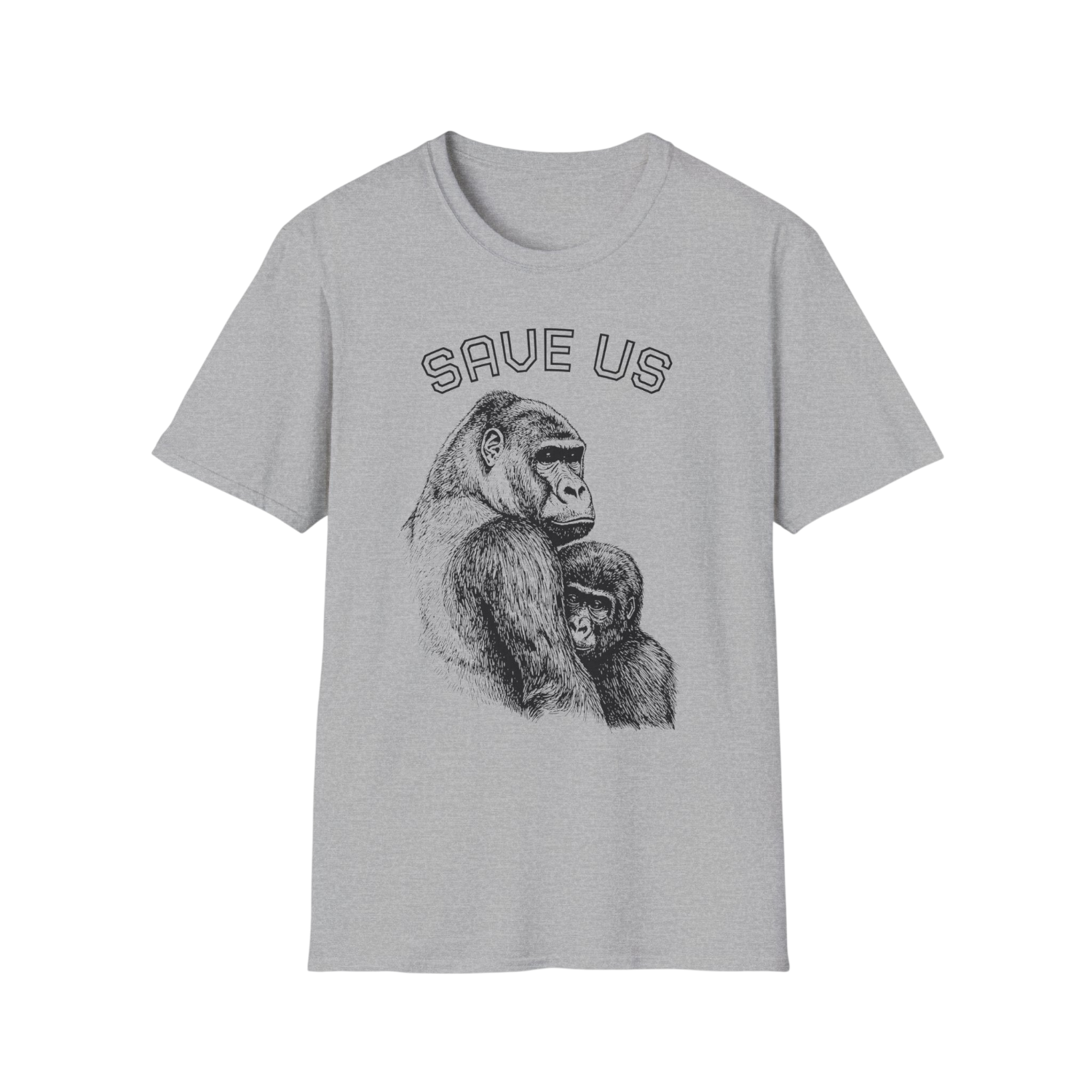 A light gray heather crewneck t-shirt featuring a black and white graphic of a gorilla holding a baby gorilla, with the text 'SAVE US' arched above them.