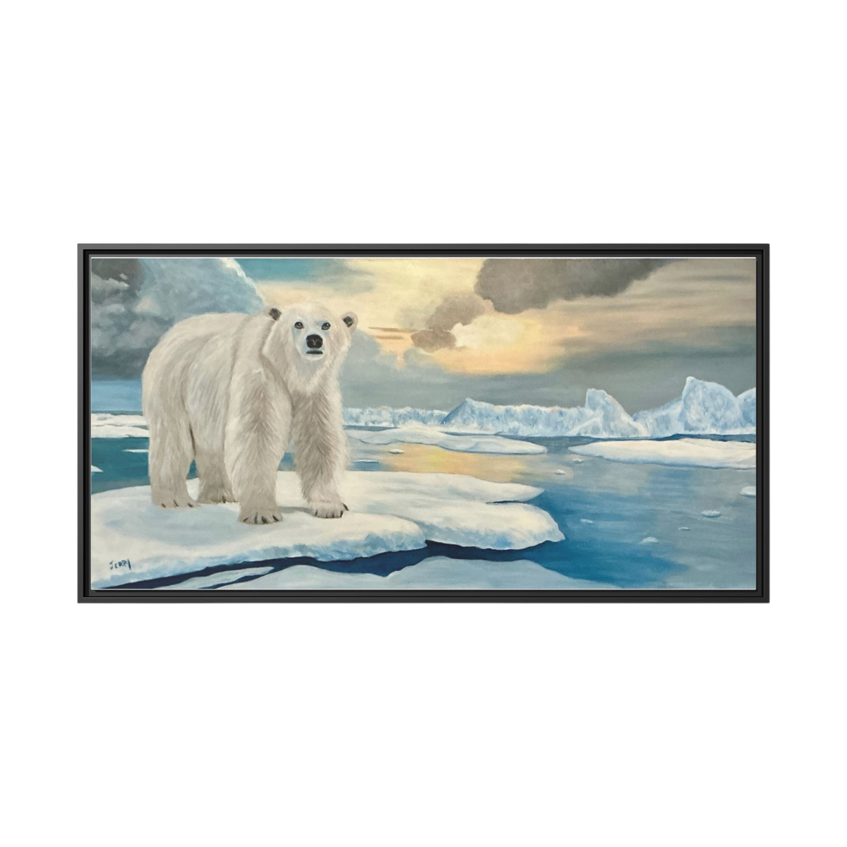 A framed landscape painting of a polar bear standing on an iceberg in icy blue water under a cloudy sky, shown against a plain white background.