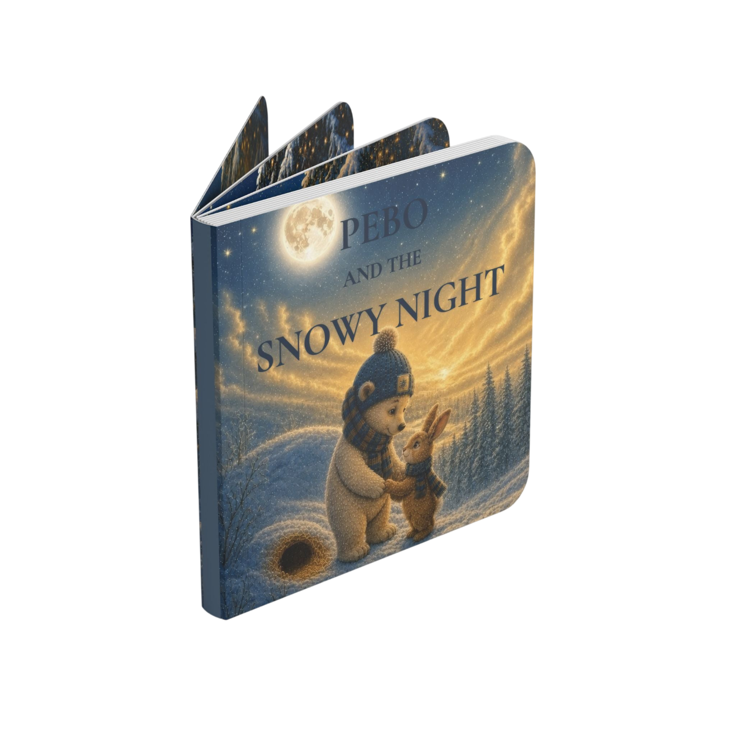A children's board book titled 'PEBO AND THE SNOWY NIGHT' shown standing upright at an angle. The cover features a winter scene with a bear in a blue knit hat and mittens, holding a small rabbit in a snowy landscape under a full moon and glowing sunset sky.