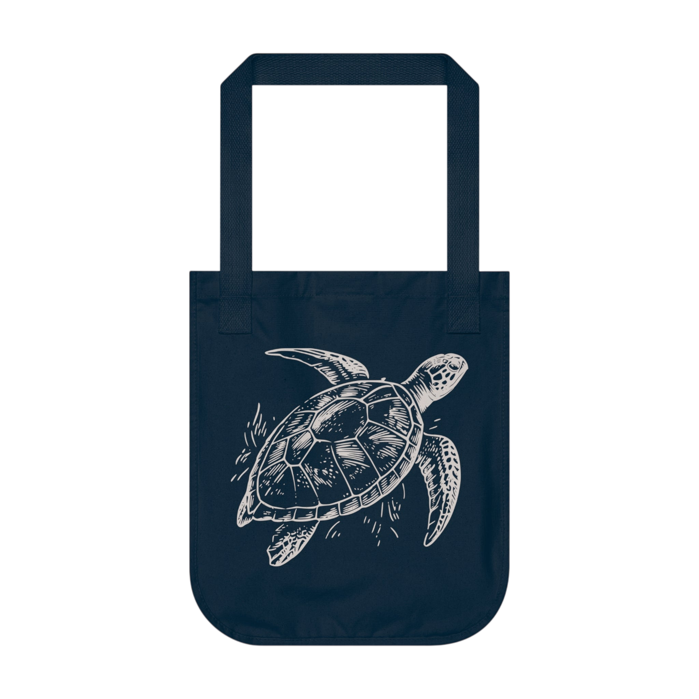 A dark navy blue tote bag with a white line art illustration of a sea turtle on the front, shown against a plain white background.
