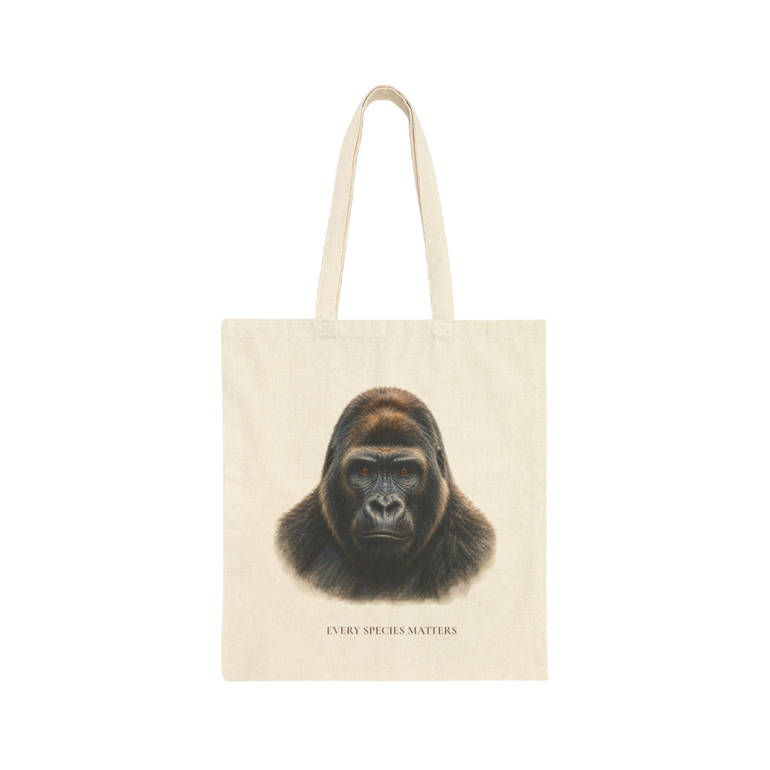 A man wearing a white t-shirt and blue jeans is shown from the back, carrying a cream canvas tote bag over his shoulder. The tote bag features a detailed graphic print of a gorilla's face with the text 'EVERY SPECIES MATTERS' printed below.