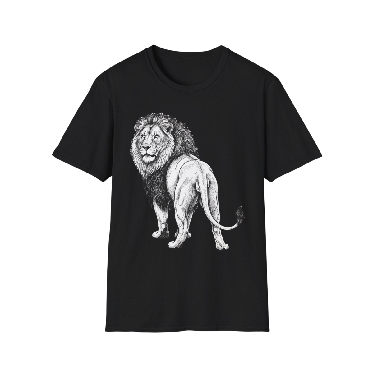 A black short-sleeve crewneck t-shirt featuring a detailed black and white sketch of a male lion on the front, displayed against a solid white background.
