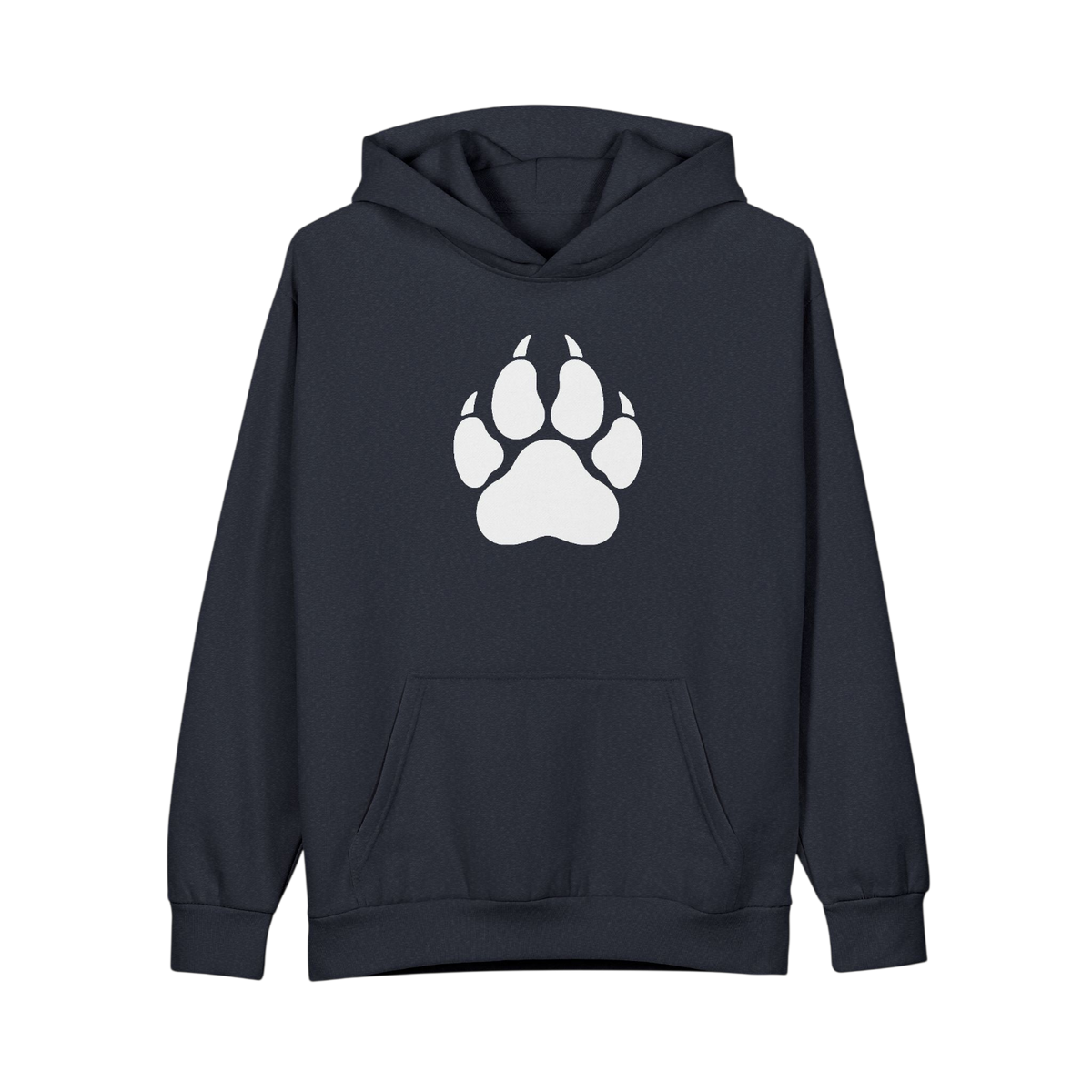 A light heather gray pullover hoodie with a black paw print graphic centered on the chest, displayed against a solid white background.