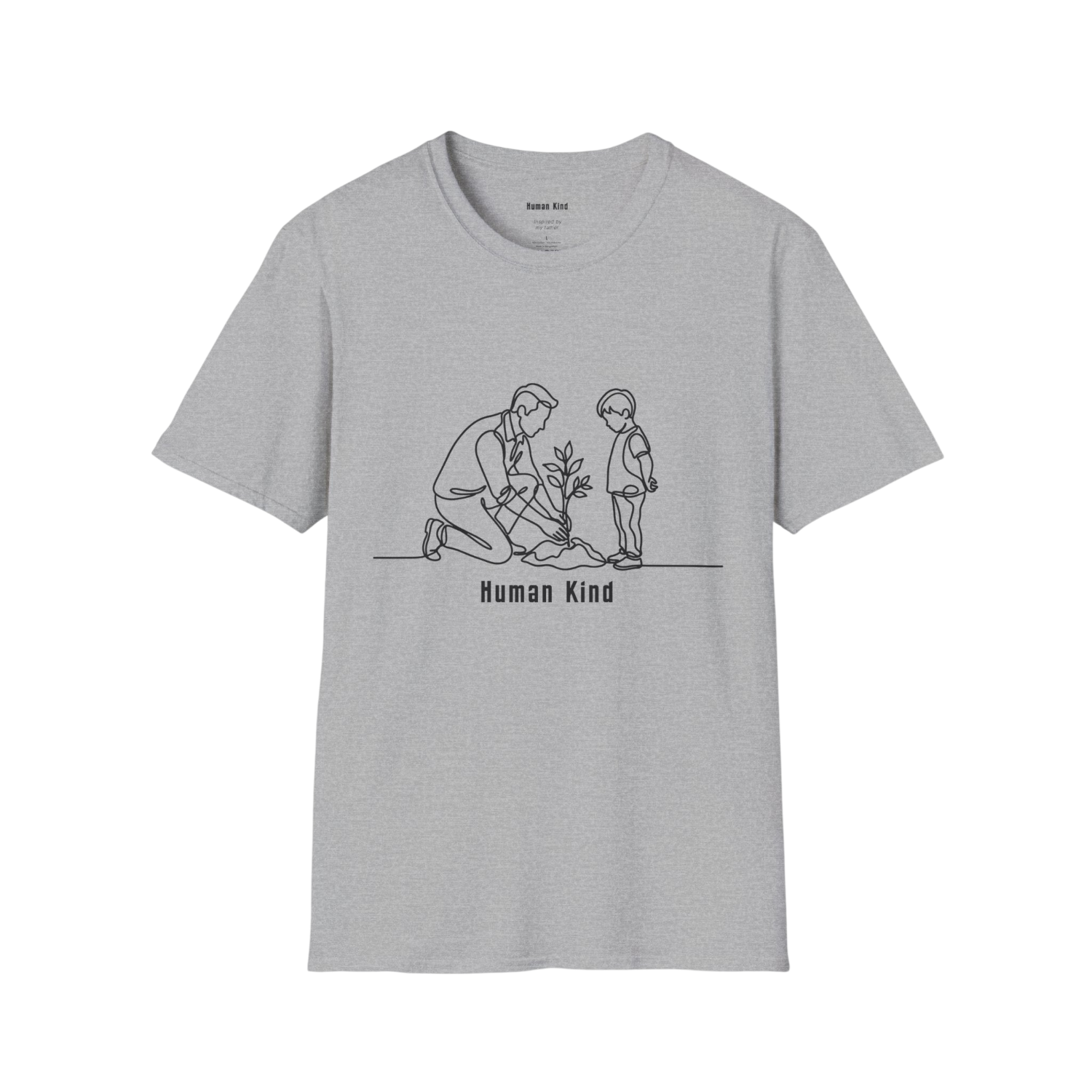 A light heather gray short-sleeve crewneck t-shirt featuring a black line art graphic of an adult kneeling to help a child plant a tree, with the text 'Human Kind' printed below.