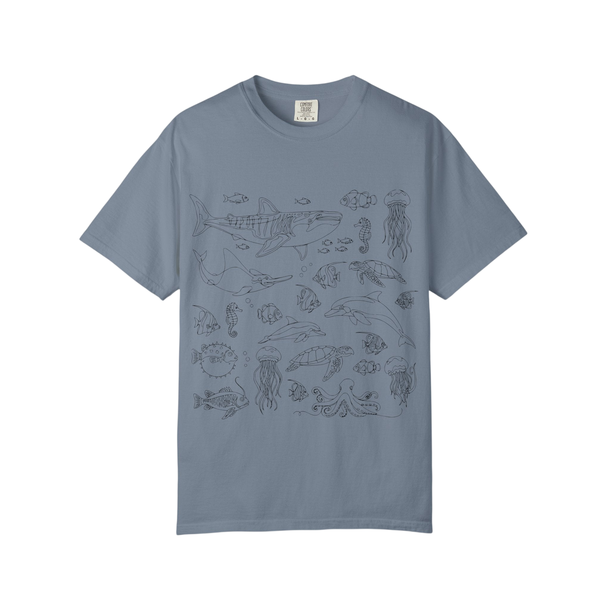 Ocean Life Illustration T-Shirt — Marine Creatures Line Art Tee