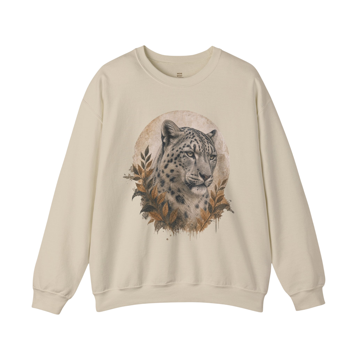 Snow Leopard Big Cats Crewneck Sweatshirt — Wildlife Graphic in Sand
