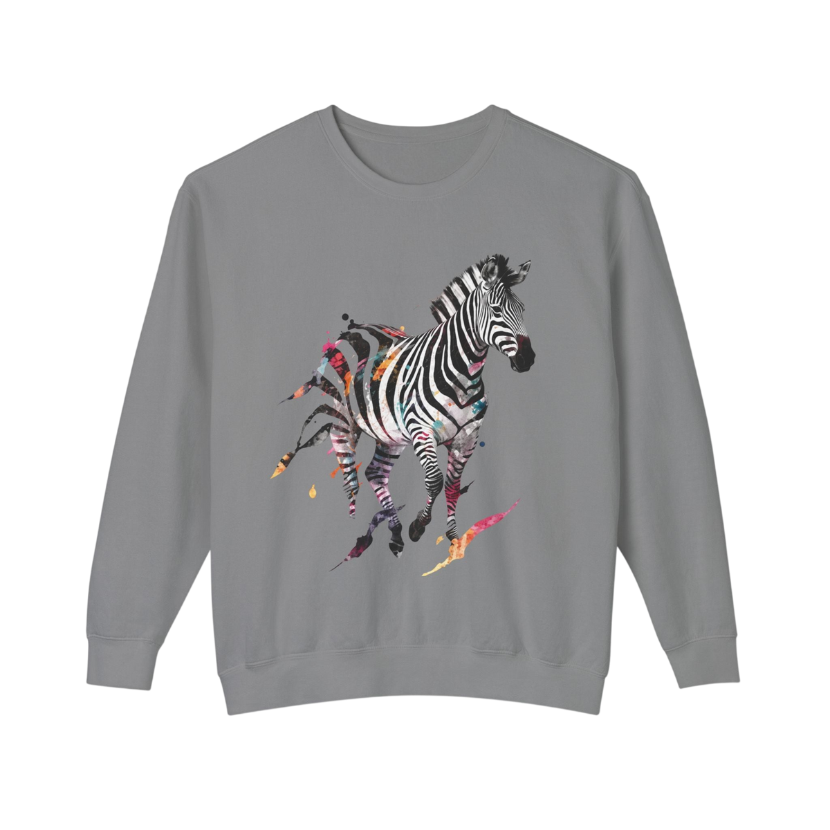 A gray crewneck sweatshirt featuring a graphic print of a running zebra with colorful paint splatters and brushstrokes on its stripes, displayed against a plain white background.