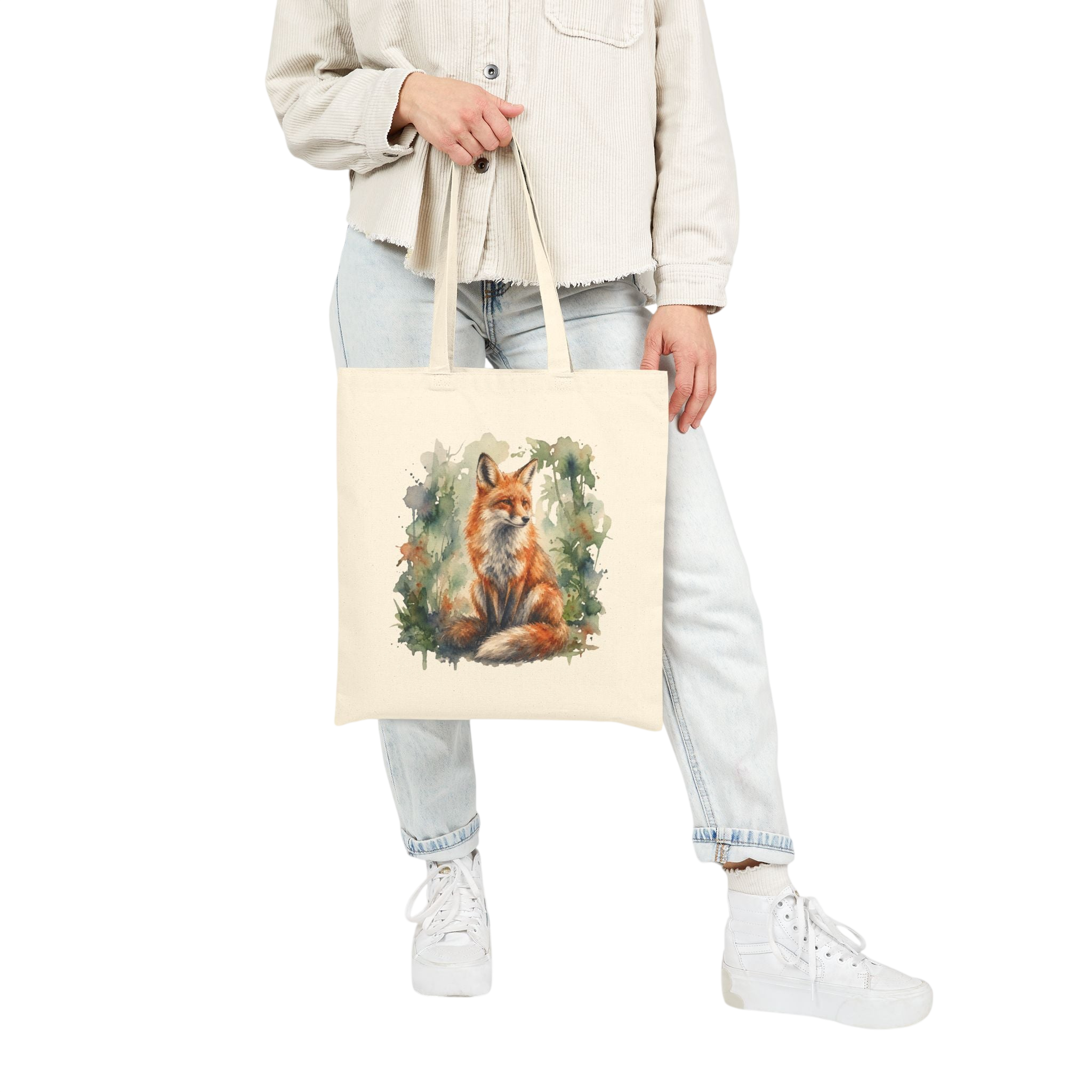 Fox Watercolor Canvas Tote Bag — Nature-Inspired Reusable Market Bag