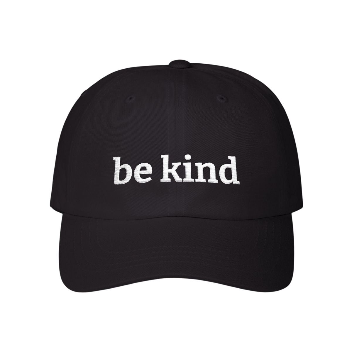 A black baseball cap with the phrase 'be kind' printed in white lowercase serif letters across the front, shown against a plain white background.