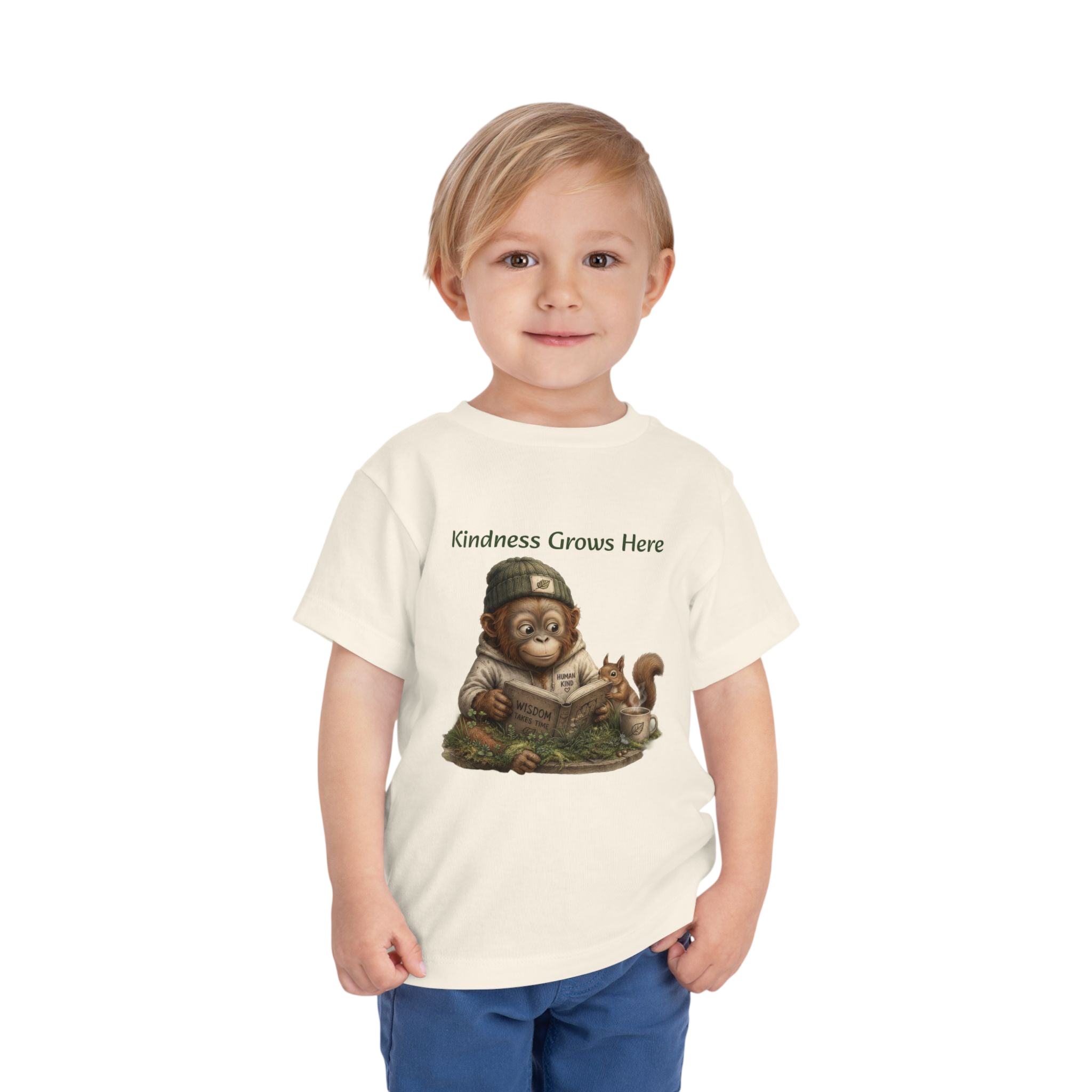 Toddler Tee — "Kindness Grows Here" Orrie and Squirrel Reading Shirt