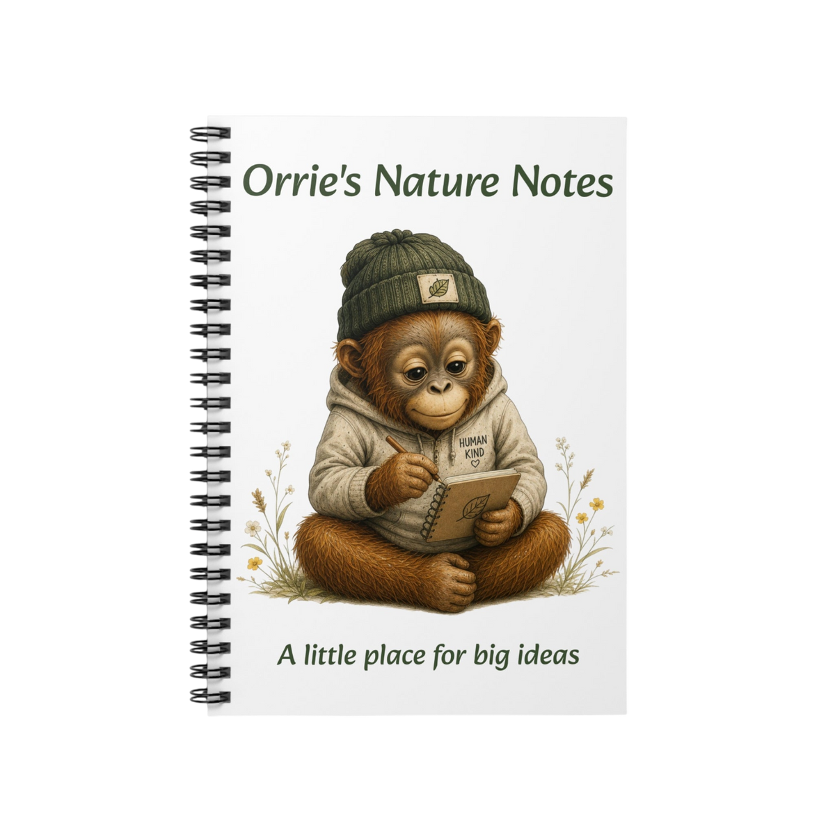 A spiral-bound notebook titled 'Orrie's Nature Notes' with an illustration of a brown monkey wearing a green beanie and white hoodie, sitting and reading. The notebook is shown on a plain white background.