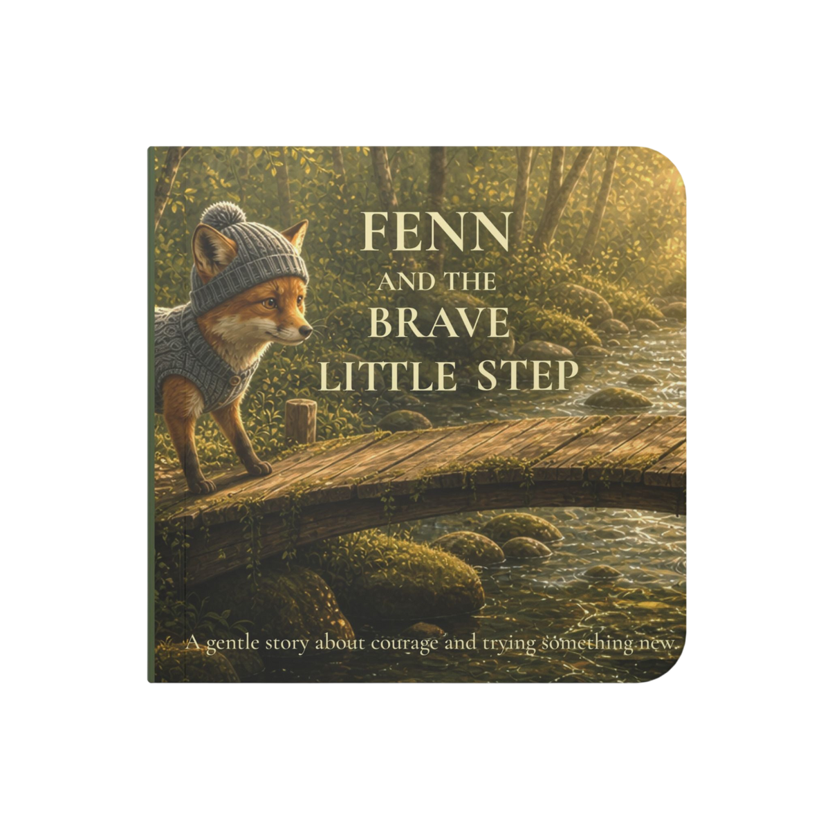 A children's board book titled 'FENN AND THE BRAVE LITTLE STEP' featuring an illustration of a fox in a knit hat standing on a wooden bridge over a stream in a sunlit forest.