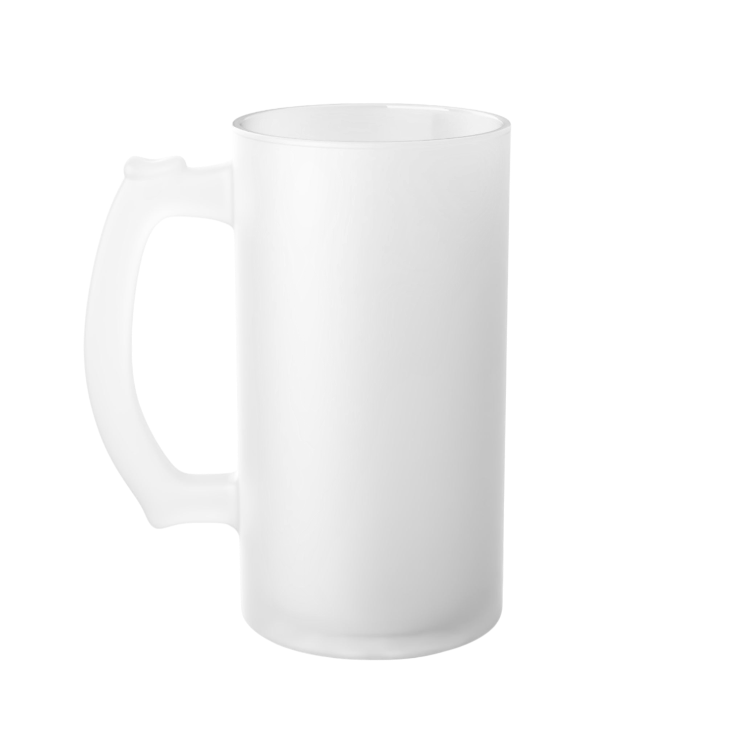 A frosted glass beer mug with a thick, comfortable handle, shown on a seamless white background.