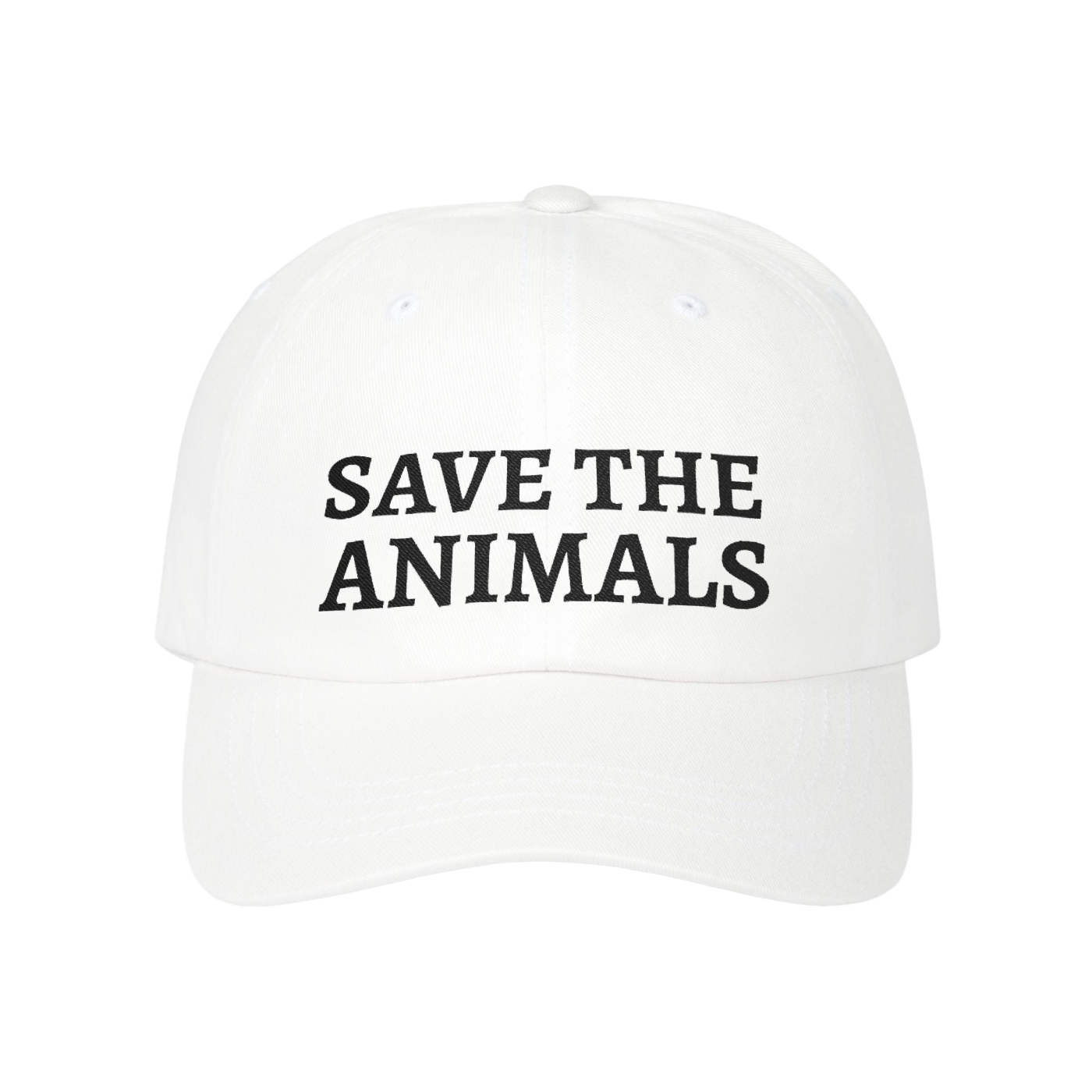 A white baseball cap with the words 'SAVE THE ANIMALS' printed in black capital letters on the front, shown against a plain white background.