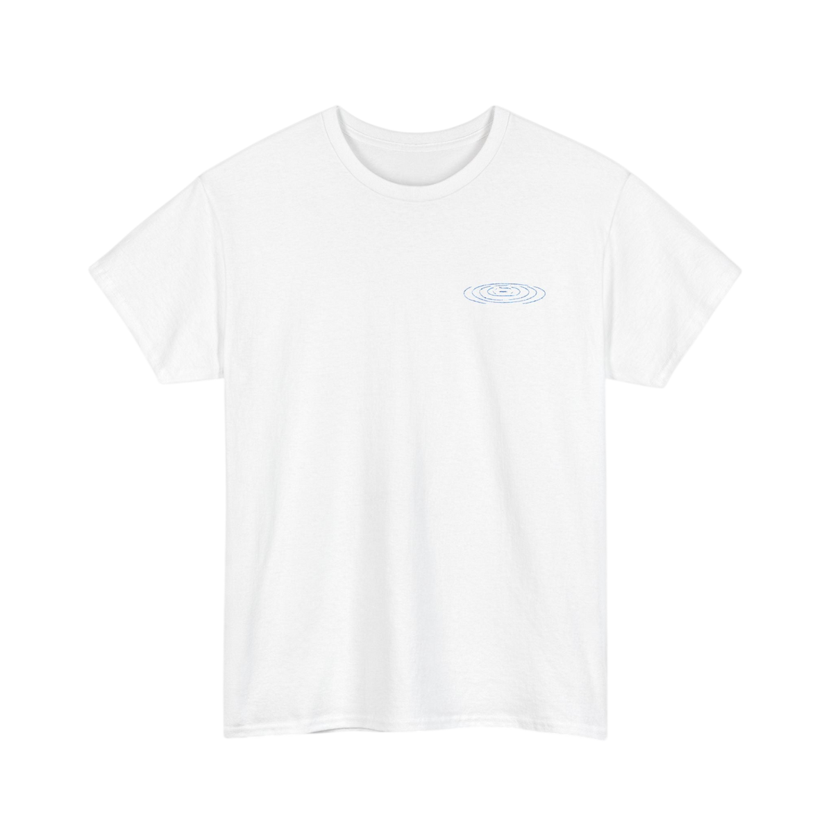 A white short-sleeve crewneck t-shirt with a small light blue spiral graphic on the left chest, displayed against a solid white background.