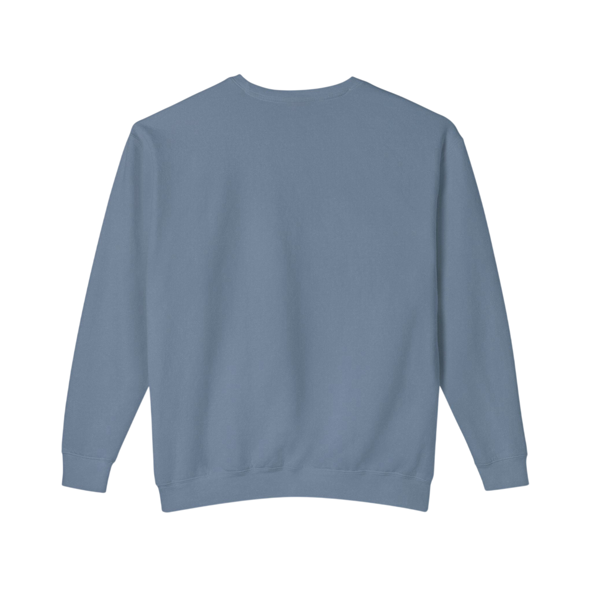 A dusty slate blue crewneck sweatshirt shown from the back, laid flat against a solid white background.