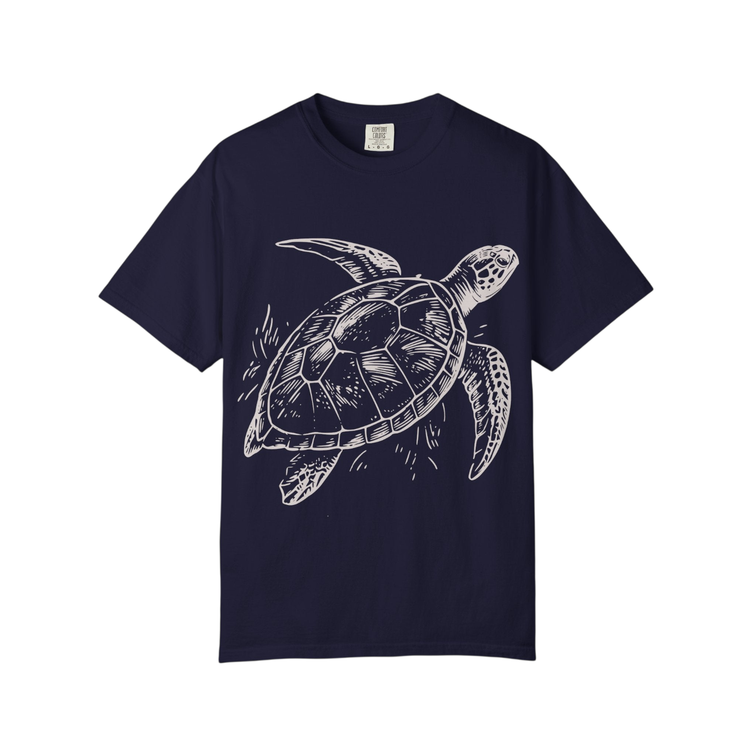 A  navy blue short-sleeve crewneck t-shirt featuring a white line art graphic of a sea turtle on the front, displayed against a solid white background.