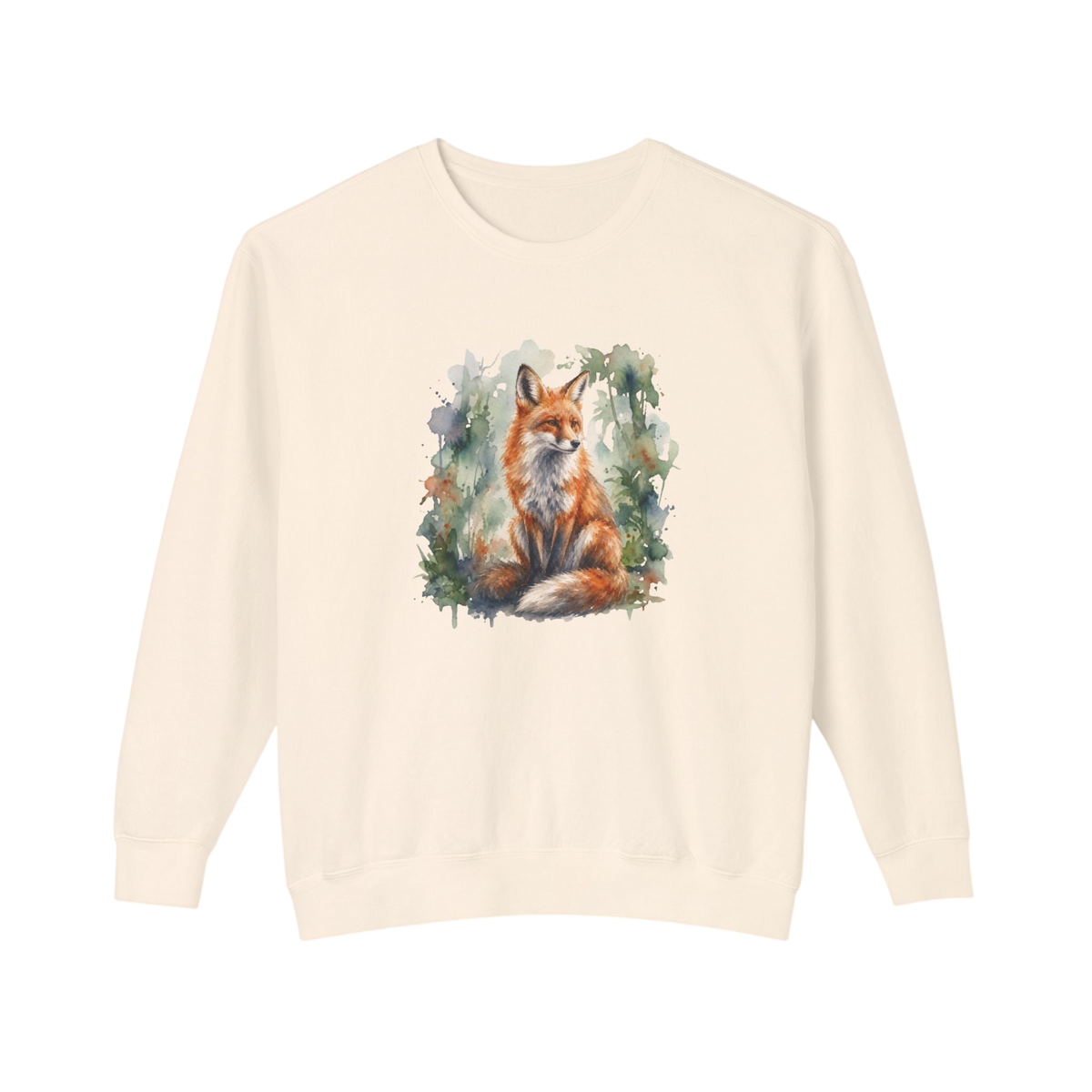 An off-white crewneck sweatshirt featuring a watercolor-style graphic of a red fox sitting amidst green foliage on the front, displayed against a solid white background.