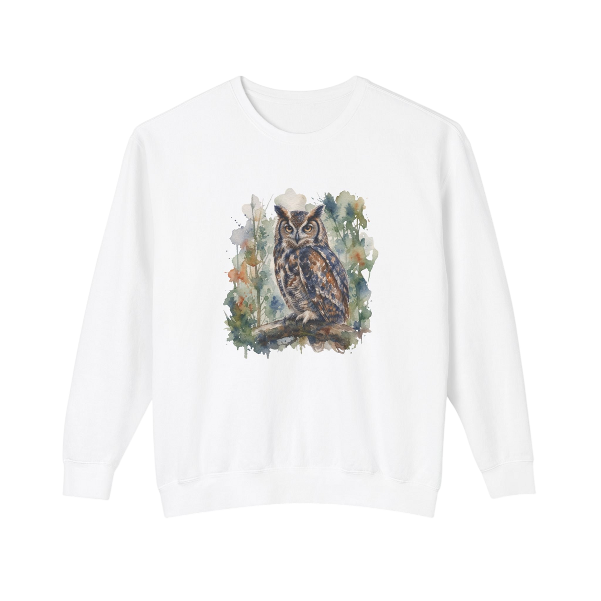 A white crewneck sweatshirt featuring a detailed watercolor graphic of a brown owl perched on a branch with green and blue foliage.