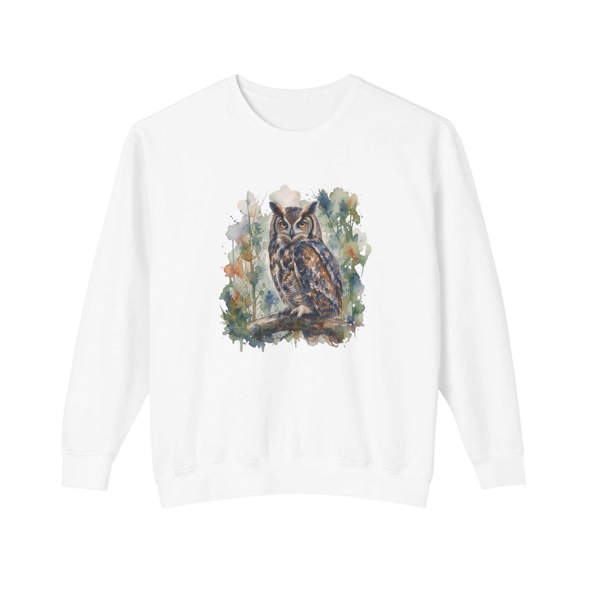 Watercolor Owl Crewneck Sweatshirt — Vintage Forest Bird Graphic