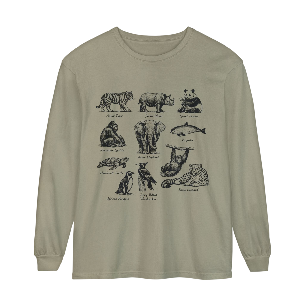 A long-sleeve crewneck t-shirt in a light sage green color, featuring a black line art graphic of various animals with their names printed underneath, displayed on a solid white background.