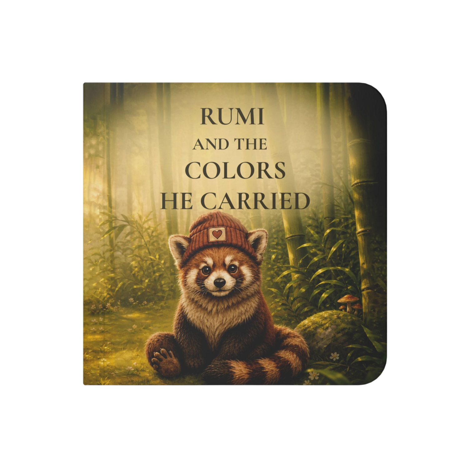 A square art print or book cover featuring a red panda sitting in a misty green forest, with the text 'RUMI AND THE COLORS HE CARRIED' above it. The design has rounded corners and is shown centered on a plain white background.