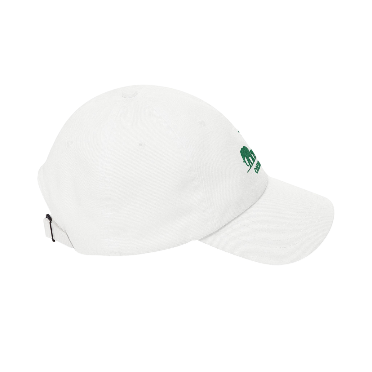 A white baseball cap with a small green embroidered logo on the side, shown from a three-quarters angle against a solid white background.