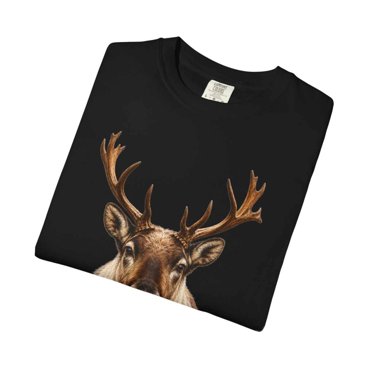 A folded black crewneck sweatshirt featuring a detailed graphic print of a reindeer with large antlers on the front, set against a plain white background.