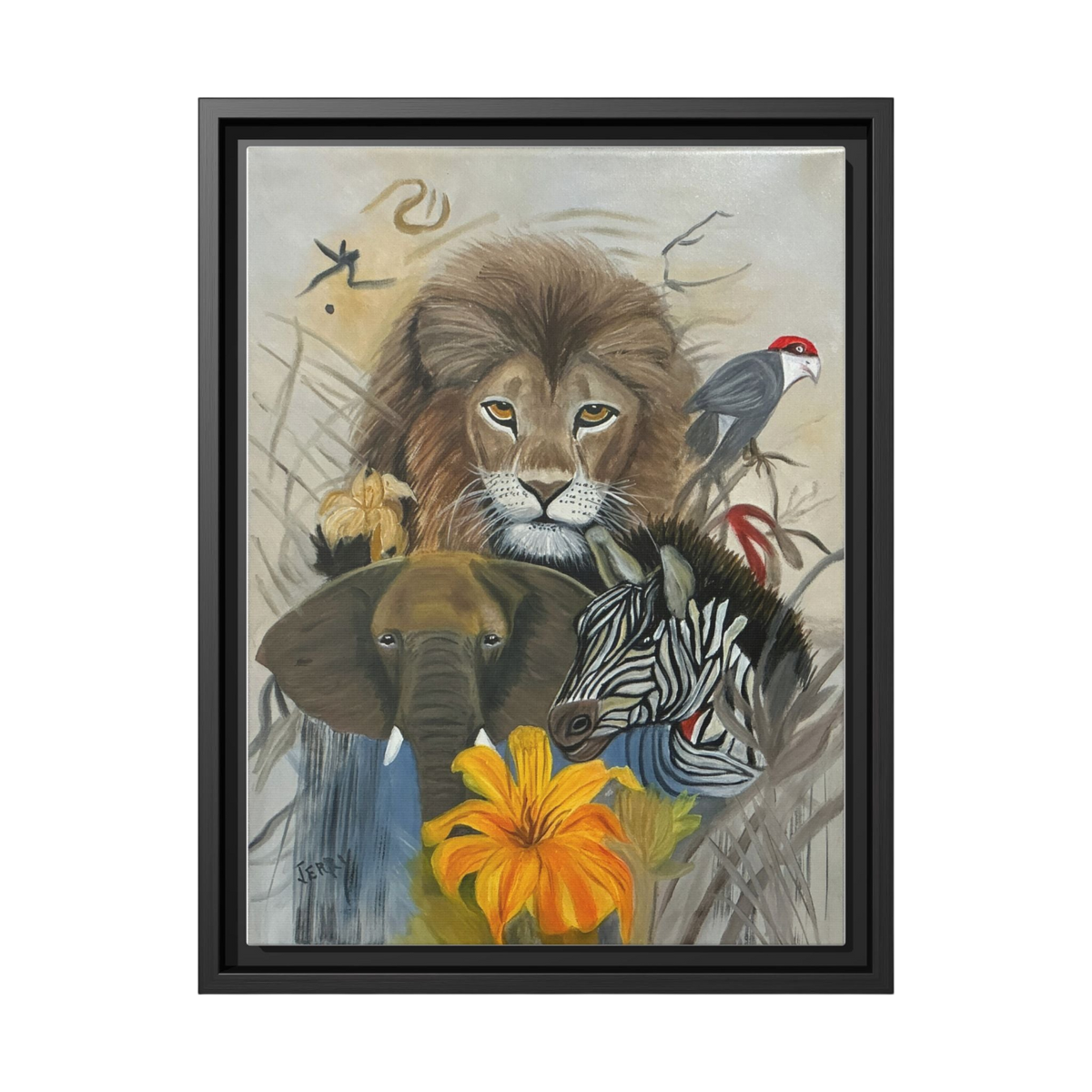Framed canvas wall art featuring a stylized safari scene with a lion, elephant, zebra, bird, and orange flower, presented in a black frame against a white background.